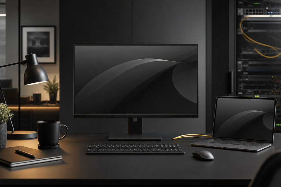 Graphite business technology workstation with connected infrastructure and restrained yellow accents