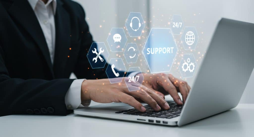 business professional providing customer service support digital communication help desk technology innovation