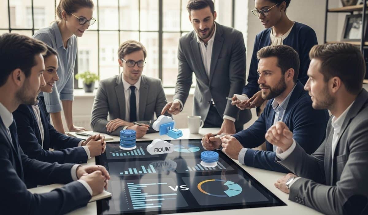 cloud comparison, business team, technology meeting