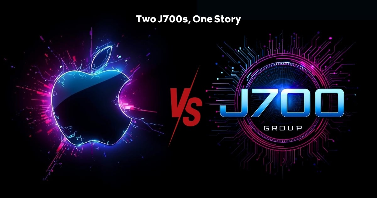 Abstract representation of Apple and J700 logos side by side with ‘vs’ in the center, illustrating the rumoured Apple J700 MacBook and J700 Group comparison.