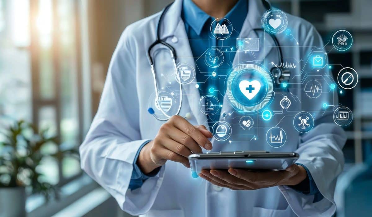 Medical staff in a Lancashire GP surgery using secure IT systems to manage patient data