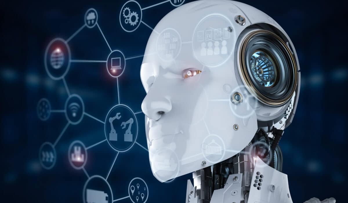 AI robot surrounded by digital security symbols and cybersecurity icons, representing advanced AI-powered threat protection for Lancashire businesses.