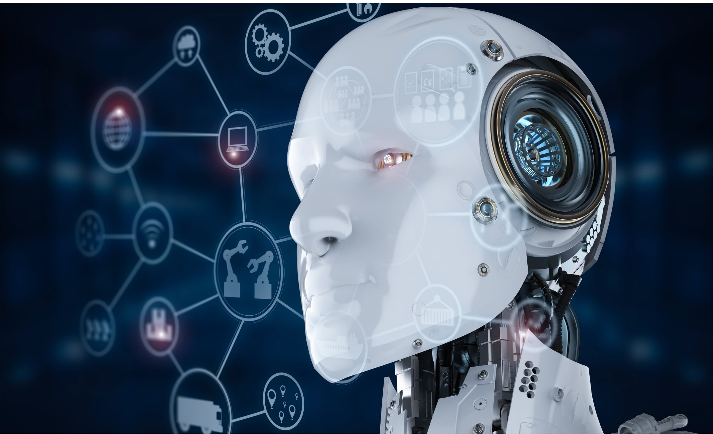 AI robot surrounded by digital security symbols and cybersecurity icons, representing advanced AI-powered threat protection for Lancashire businesses.