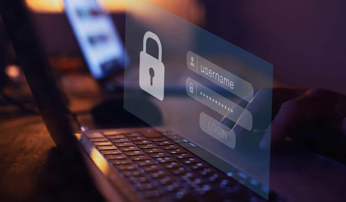 Laptop screen displaying login fields with username and password, representing cybersecurity and data protection.